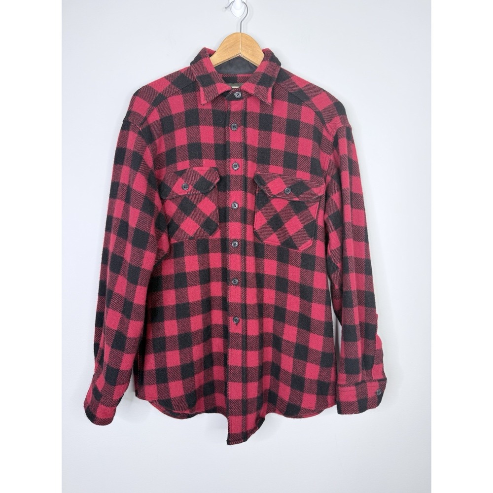 VTG SafTbak Shirt Mens L Red Black Buffalo Check Plaid Wool Button Down Shirt